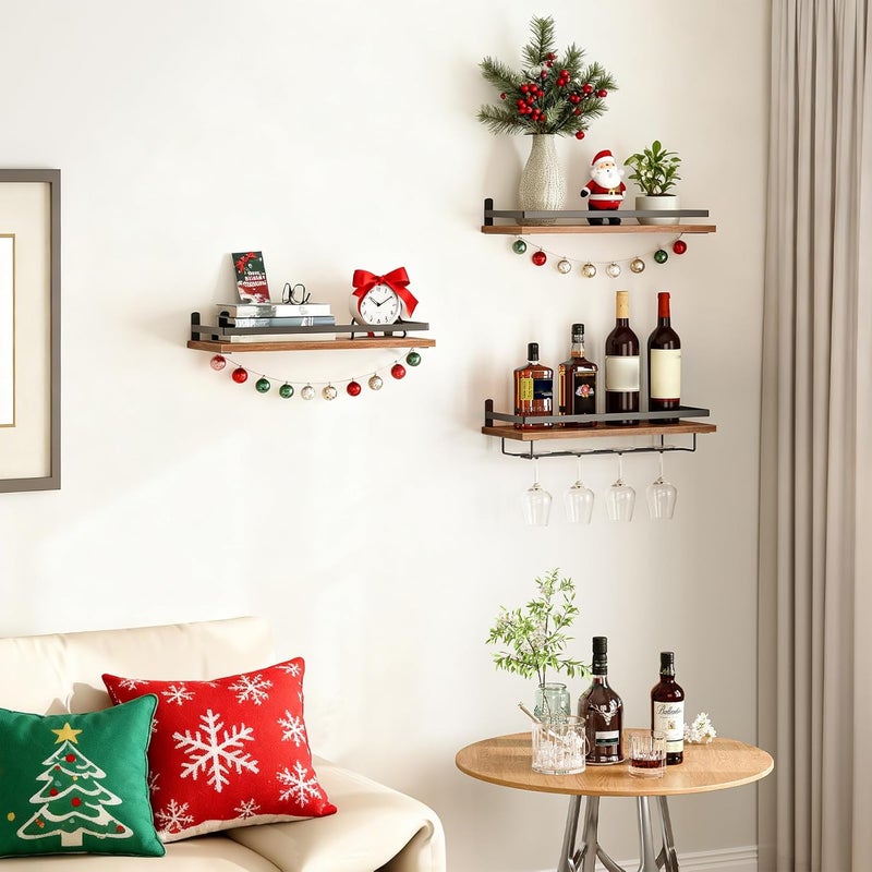HOOBRO Wall Mounted Wine Rack 3 Pack, Wine Shelf Hanging Floating Wall Shelves, Wine Glass Bottle Rack Stemware Holder, for Living Room, Dining Room, Kitchen, Rustic Brown and Black BF34BJ01 - Image 3